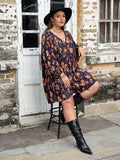 Plus Size Floral V-Neck Balloon Sleeve Dress - Trendsi - Flyclothing LLC