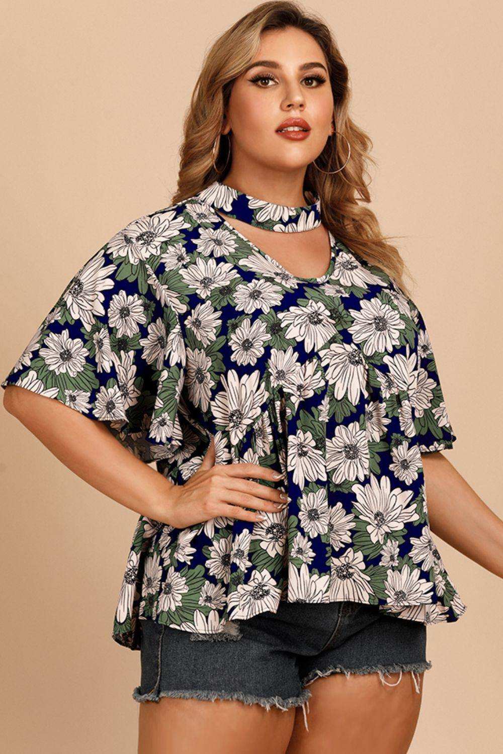 Plus Size Floral Flutter Sleeve Cutout Blouse - Trendsi - Flyclothing LLC
