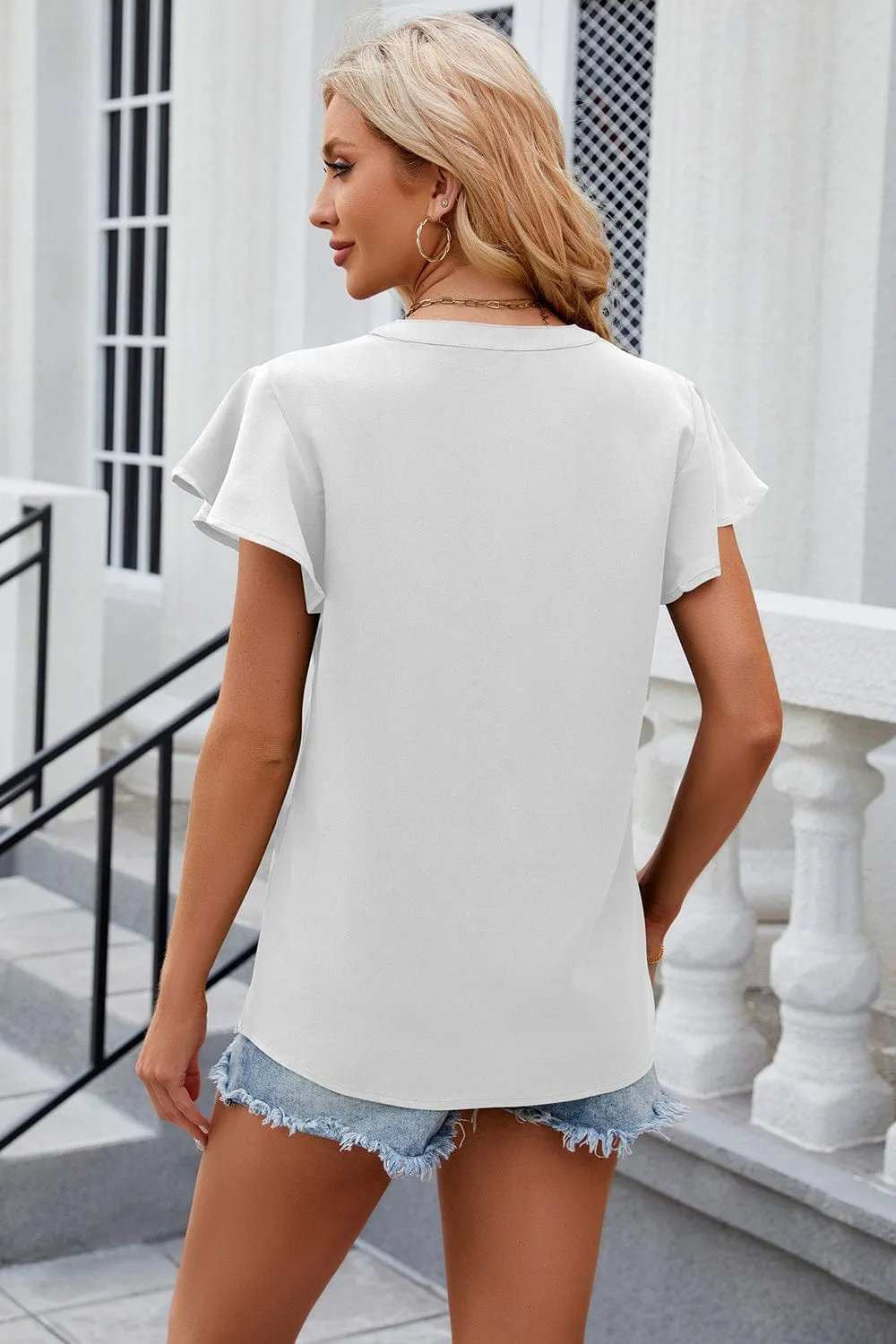 Notched Cap Sleeve T-Shirt - Trendsi - Flyclothing LLC