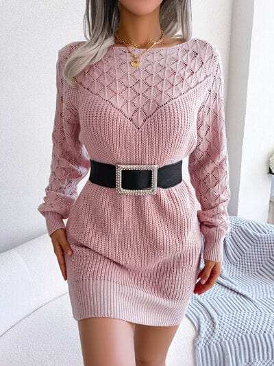 Openwork Boat Neck Sweater Dress - Trendsi - Flyclothing LLC