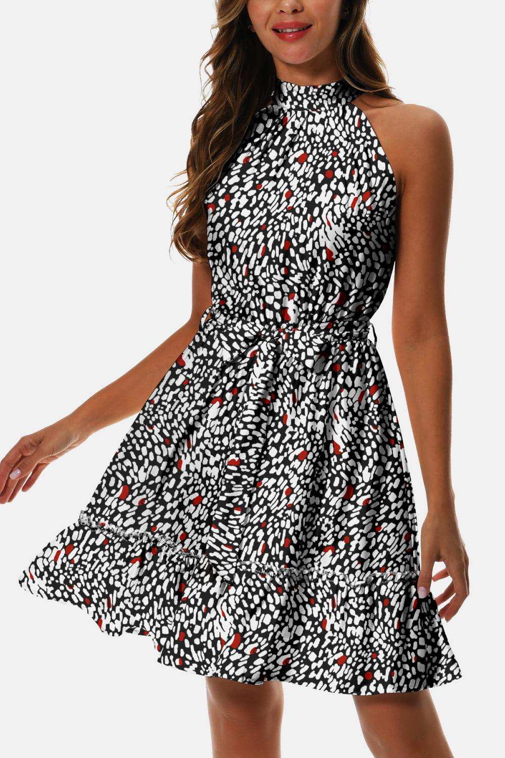 Printed Tie Waist Frill Trim Dress - Trendsi - Flyclothing LLC