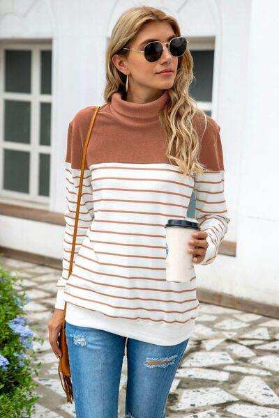 Striped Contrast Turtleneck Sweater - Trendsi - Flyclothing LLC
