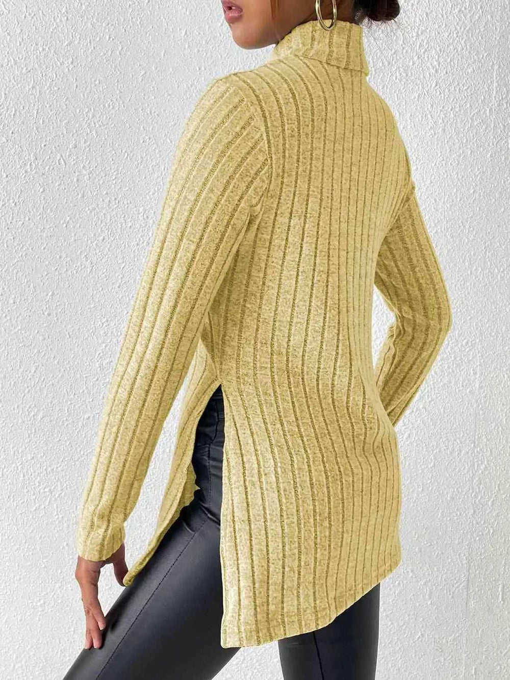 Ribbed Turtleneck Long Sleeve Slit T-Shirt - Trendsi - Flyclothing LLC