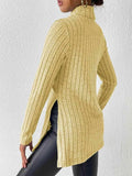 Ribbed Turtleneck Long Sleeve Slit T-Shirt - Trendsi - Flyclothing LLC
