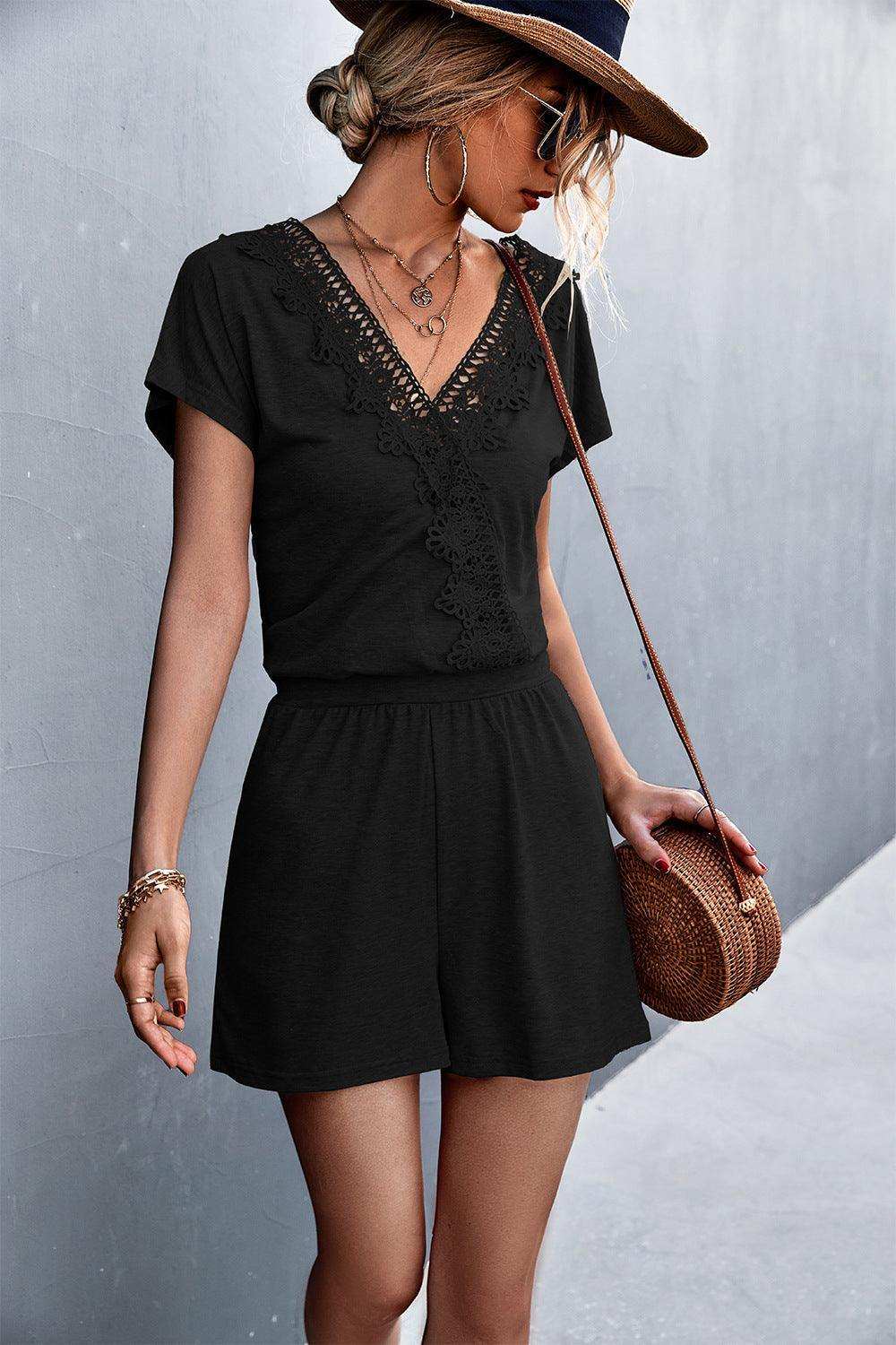 Lace Trim V-Neck Romper - Trendsi - Flyclothing LLC
