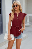 Eyelet Notched Cap Sleeve Blouse - Trendsi - Flyclothing LLC