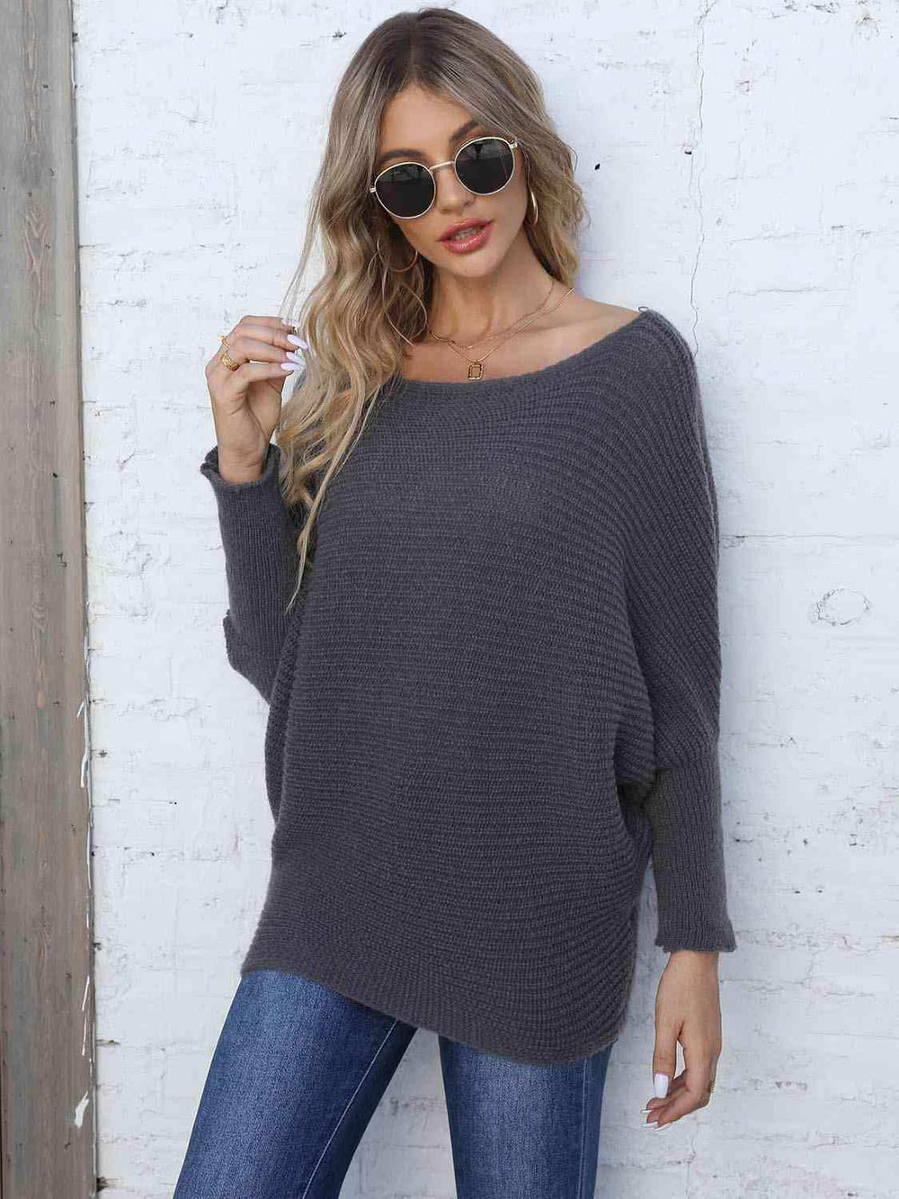 Full Size Horizontal Ribbing Dolman Sleeve Sweater - Trendsi - Flyclothing LLC