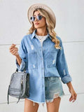 Distressed Raw Hem Dropped Shoulder Denim Jacket - Trendsi - Flyclothing LLC