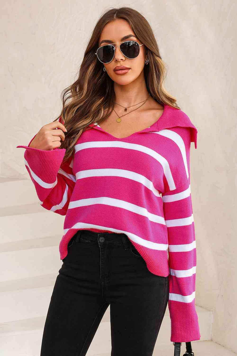 Striped Collared Neck Slit Sweater - Trendsi - Flyclothing LLC