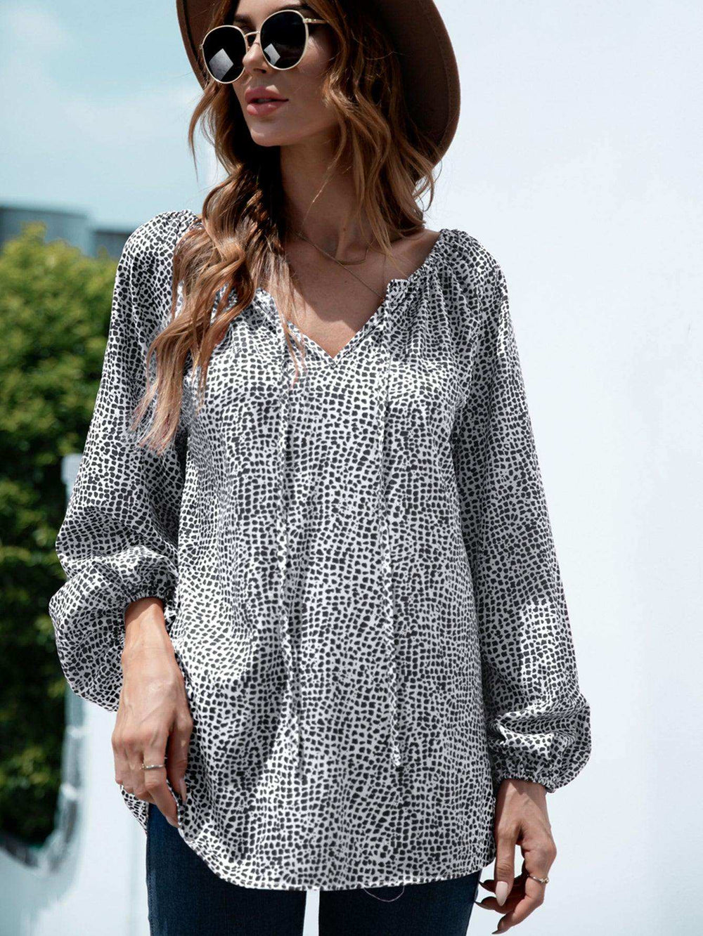 Printed Tie-Neck Balloon Sleeve Blouse - Trendsi - Flyclothing LLC