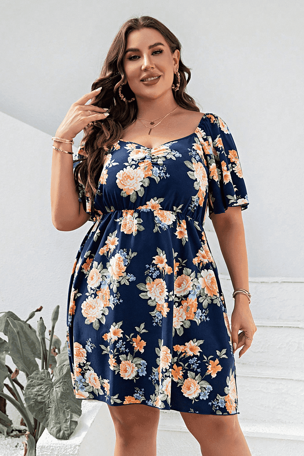 Plus Size Floral Print V-Neck Flutter Sleeve Mini Dress - Trendsi - Flyclothing LLC
