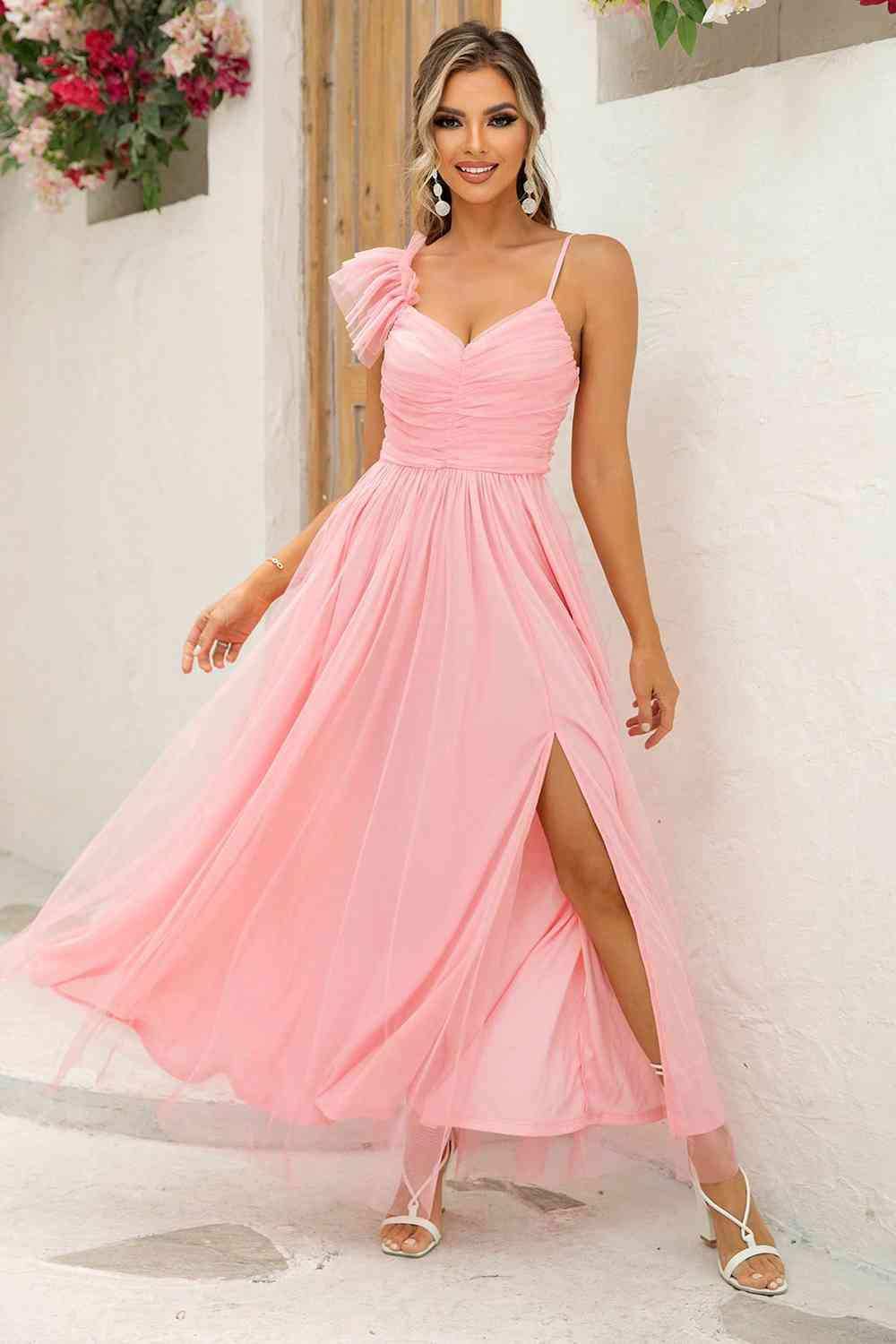 Asymmetrical Ruched Slit Dress - Trendsi - Flyclothing LLC