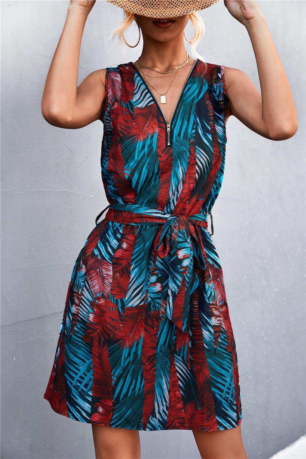 Printed Zip Detail Belted Sleeveless Dress - Trendsi - Flyclothing LLC