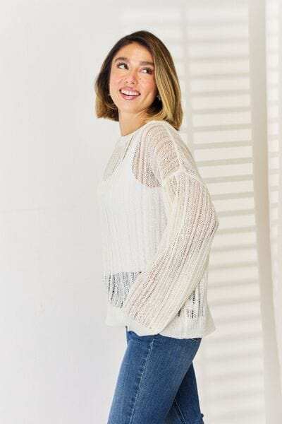 HYFVE Openwork Ribbed Trim Long Sleeve Knit Top - Trendsi - Flyclothing LLC