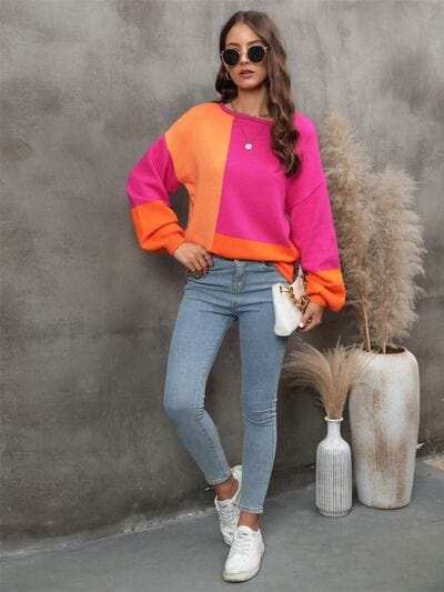 Color Block Round Neck Sweater - Trendsi - Flyclothing LLC