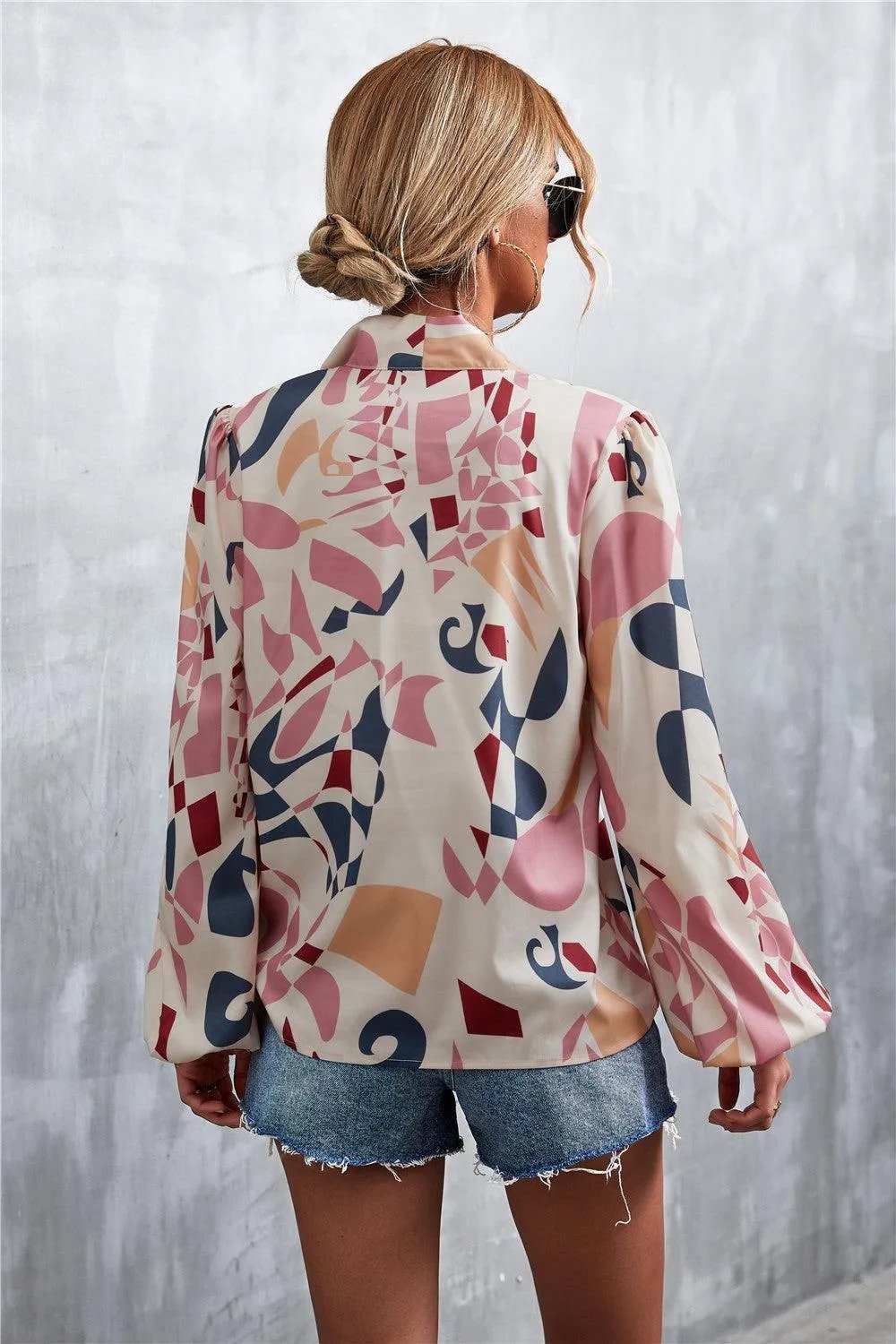 Printed Tie Neck Puff Sleeve Blouse - Trendsi - Flyclothing LLC