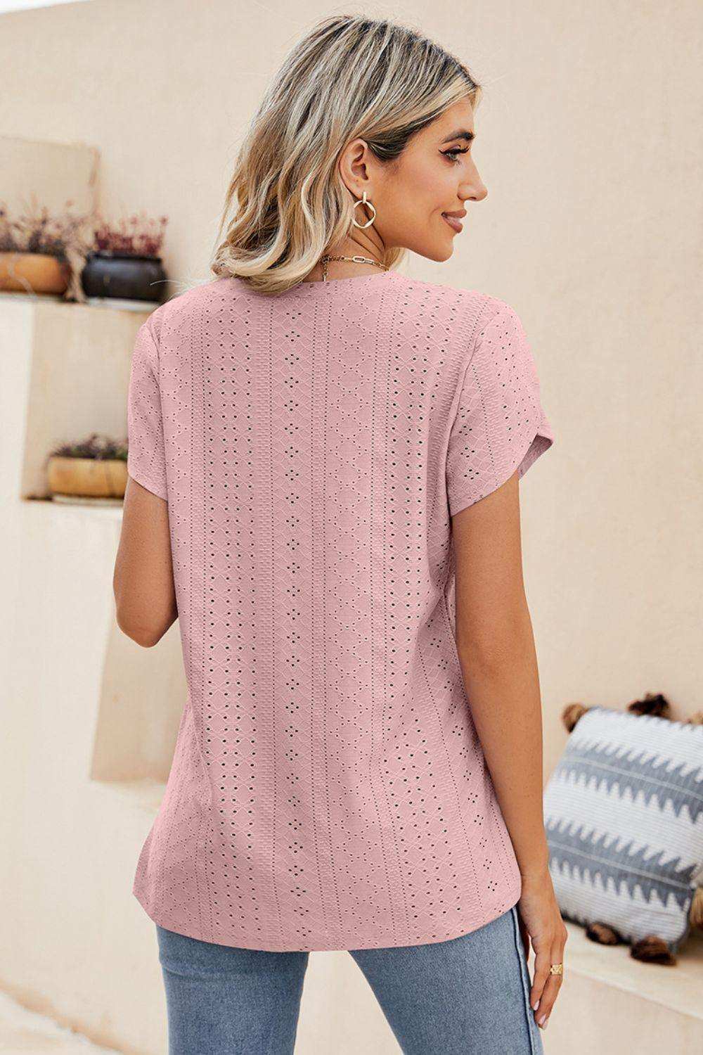 Eyelet Petal Sleeve V-Neck Knit Top - Trendsi - Flyclothing LLC