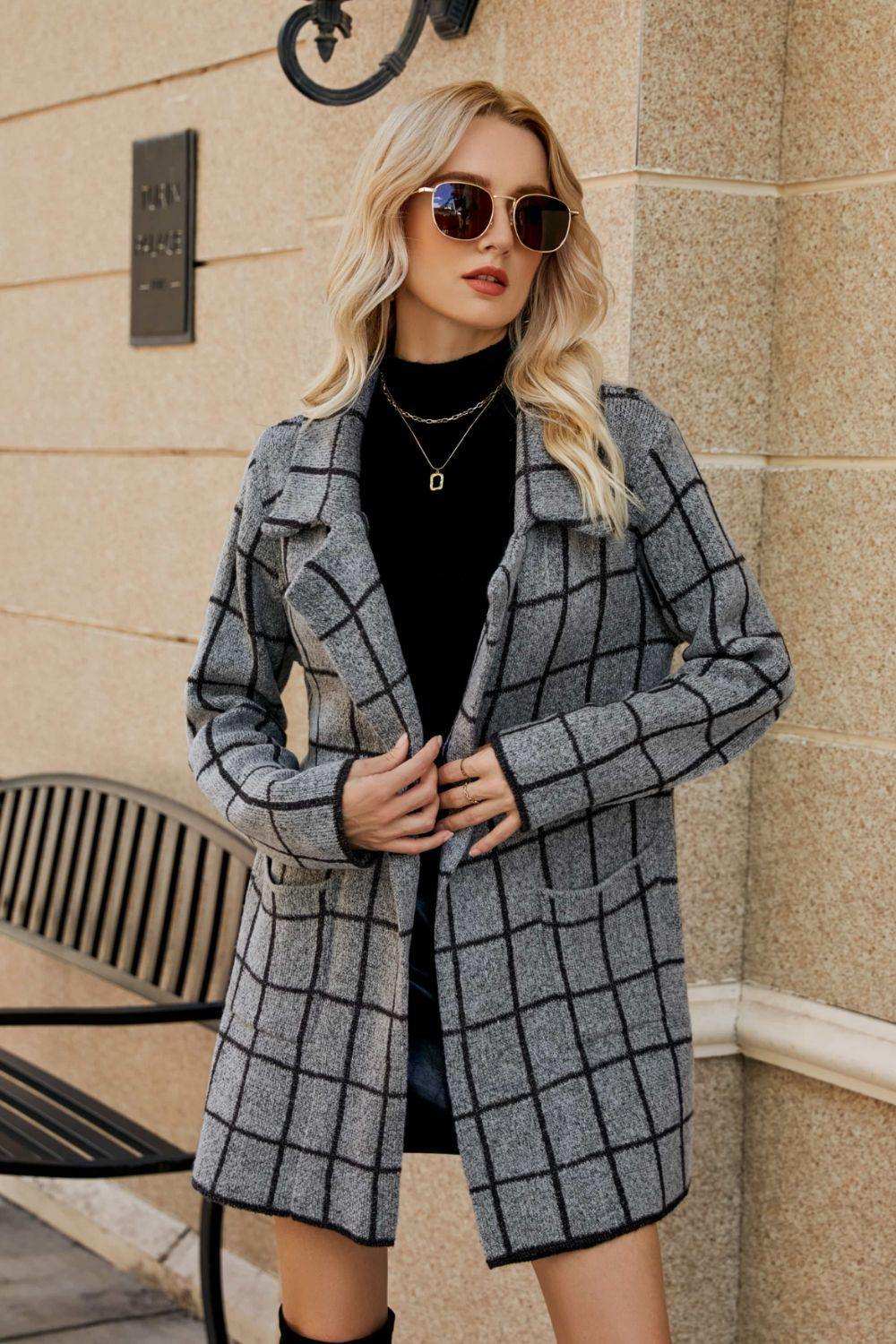 Printed Open Front Lapel Collar Cardigan with Pockets - Trendsi - Flyclothing LLC