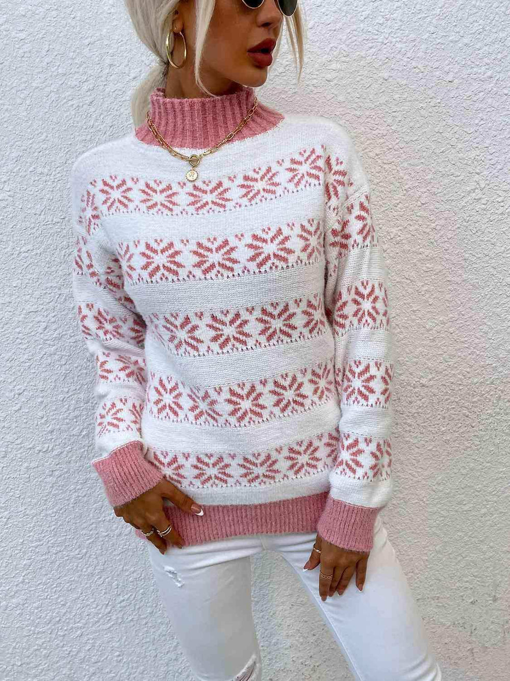 Snowflake Pattern Mock Neck Sweater - Trendsi - Flyclothing LLC