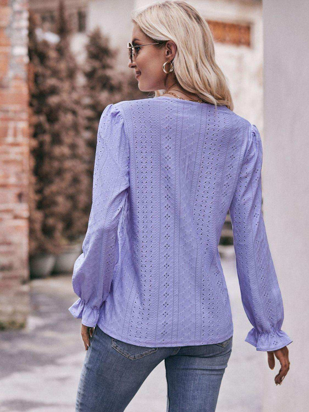 Eyelet V-Neck Flounce Sleeve Blouse - Trendsi - Flyclothing LLC
