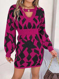 Contrast Round Neck Cutout Long Sleeve Mini Sweater Dress - Trendsi - Flyclothing LLC
