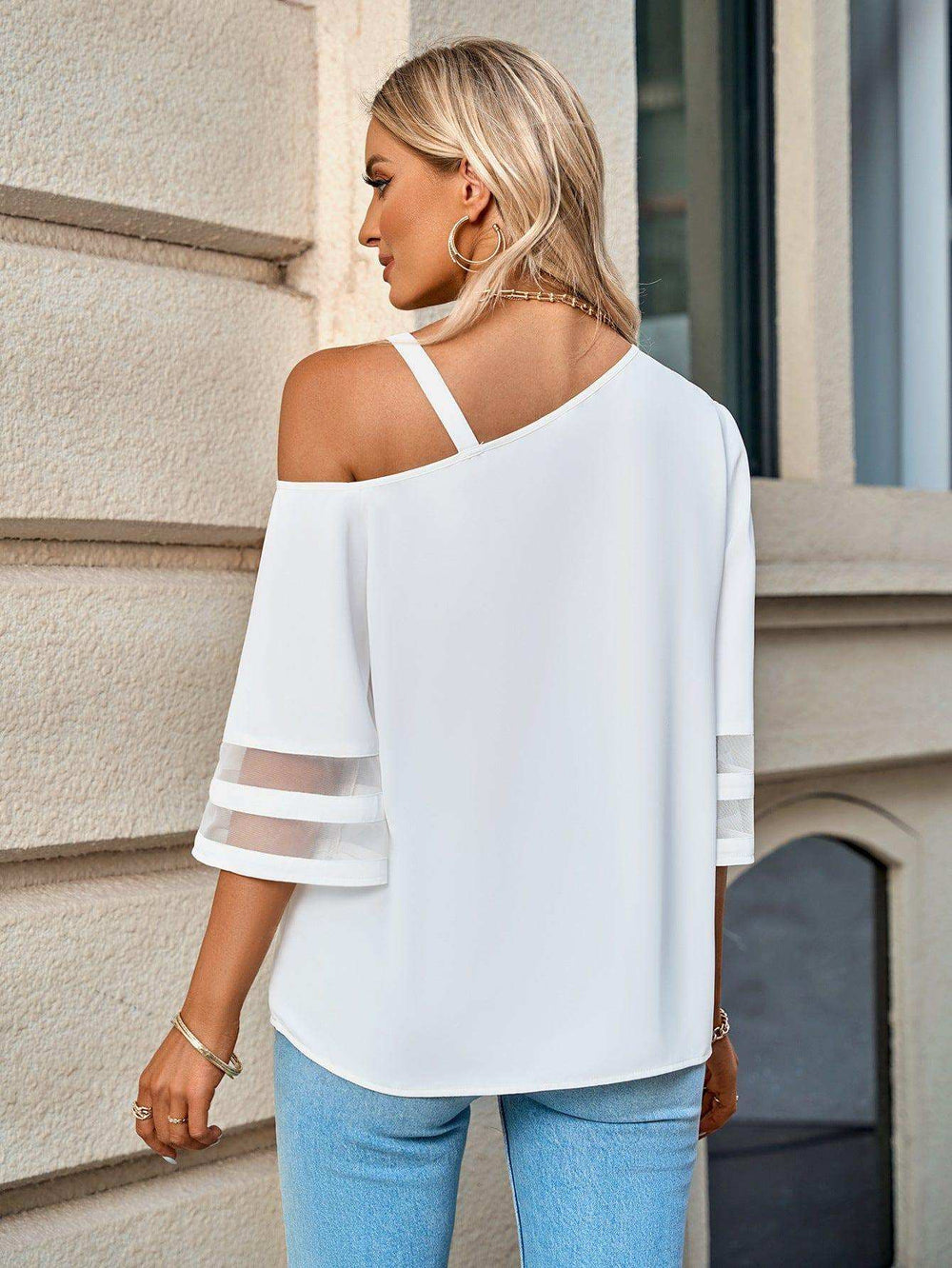 Asymmetrical Neck Sheer Striped Flare Sleeve Blouse - Trendsi - Flyclothing LLC