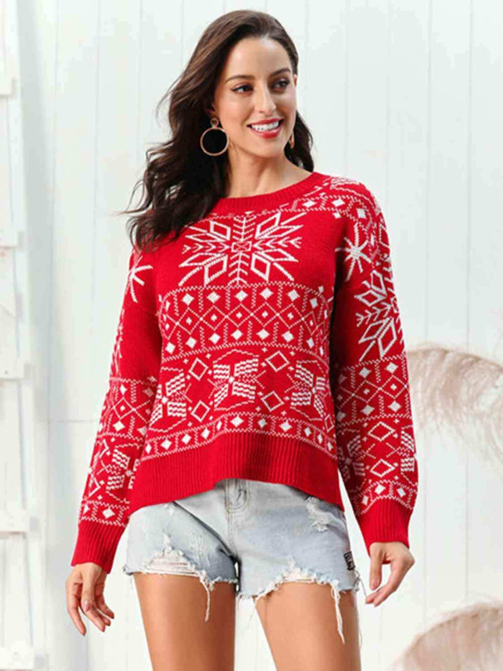 Snowflake Pattern Round Neck Sweater - Trendsi - Flyclothing LLC
