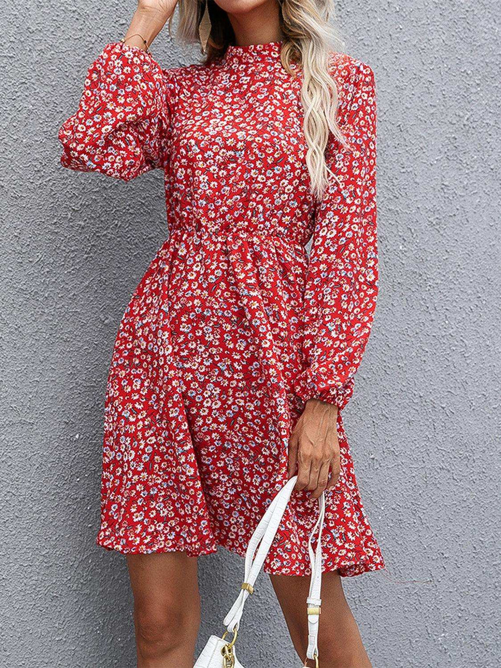 Floral Mock Neck Long Sleeve Dress - Trendsi - Flyclothing LLC