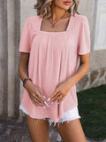Ruched Square Neck Short Sleeve Blouse - Trendsi - Flyclothing LLC