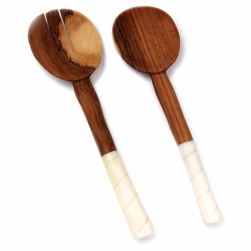 Olive Wood Salad Servers with Bone Handles, White with Etching Design - Jedando - Flyclothing LLC
