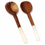 Olive Wood Salad Servers with Bone Handles, White with Etching Design - Jedando - Flyclothing LLC