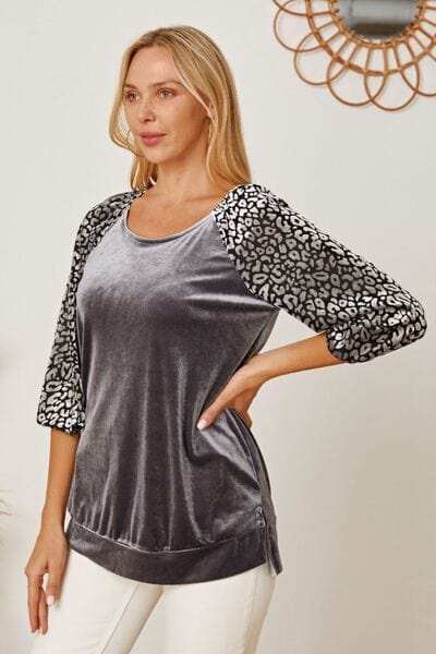 Leopard Round Neck Half Sleeve Blouse - Trendsi - Flyclothing LLC
