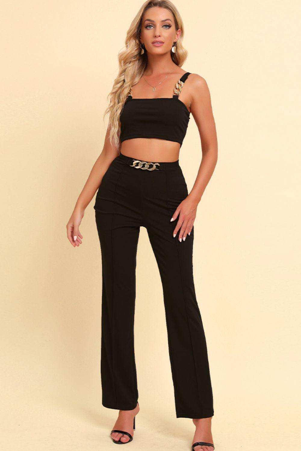 Chain Detail Cropped Cami and Straight Leg Pants Set - Trendsi - Flyclothing LLC