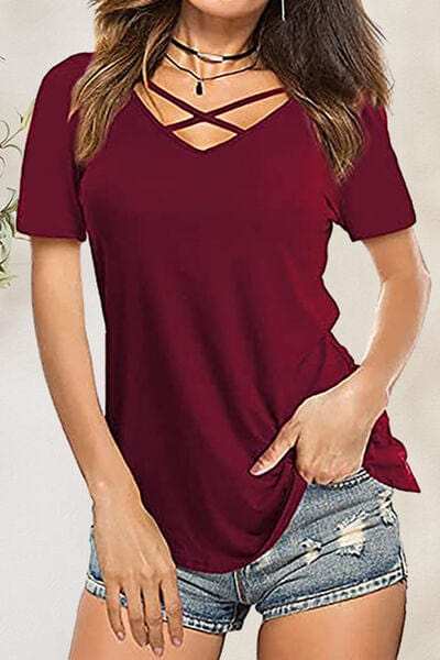 Crisscross Short Sleeve T-Shirt - Trendsi - Flyclothing LLC
