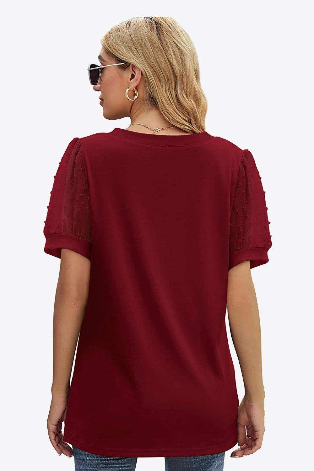 Swiss Dot Puff Sleeve V-Neck Tee - Trendsi - Flyclothing LLC