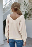 Boat Neck Waffle-knit Lantern Sleeve Blouse with Pocket - Trendsi - Flyclothing LLC