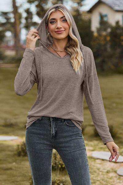 Drawstring Dropped Shoulder Hooded T-Shirt - Trendsi - Flyclothing LLC