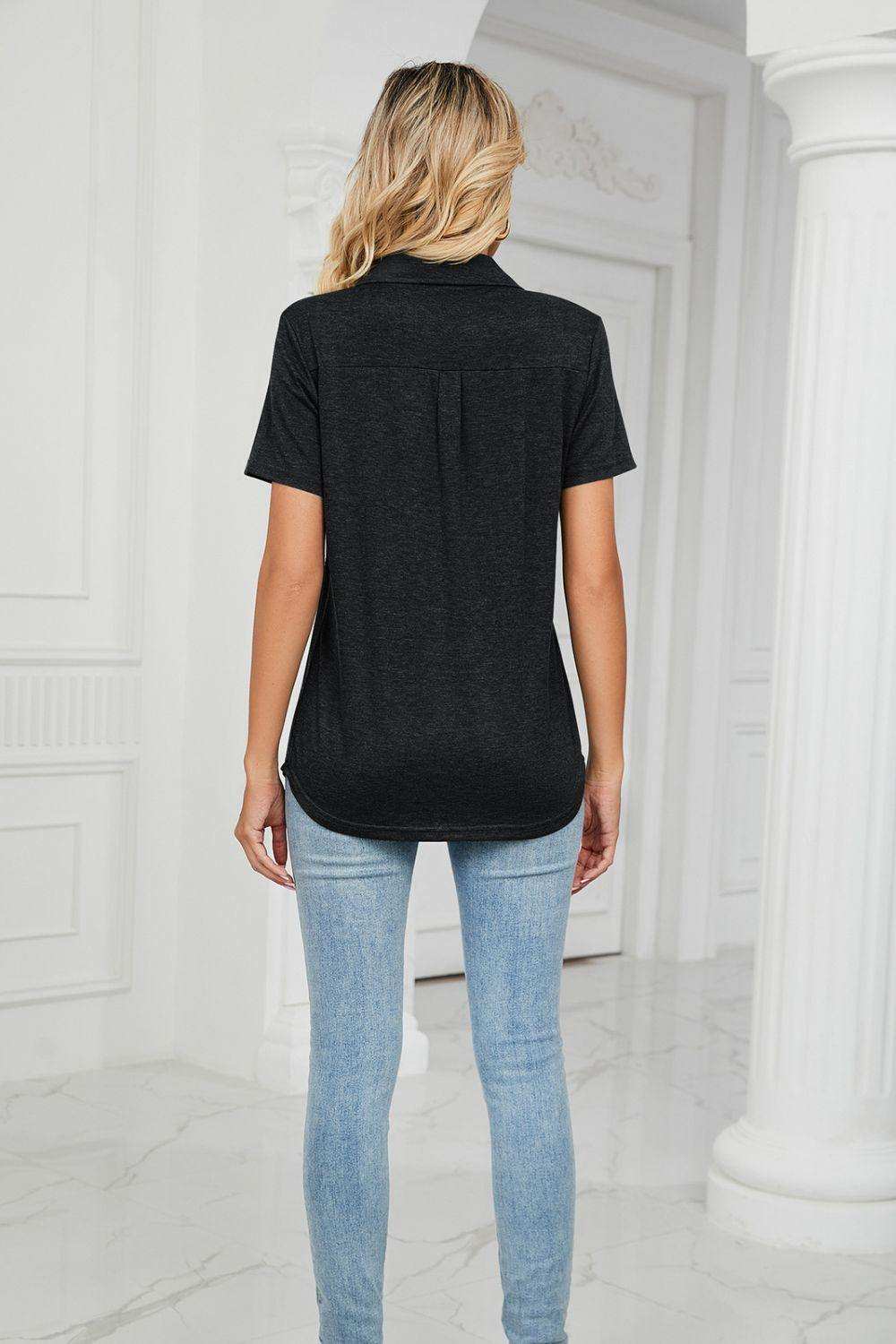 Curved Hem Johnny Collar Polo Shirt - Trendsi - Flyclothing LLC