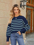 Round Neck Striped Lantern Sleeve Sweater - Trendsi - Flyclothing LLC