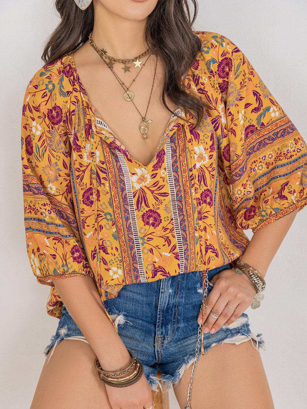 Printed Tie Neck Blouse - Trendsi - Flyclothing LLC