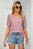 Eyelet Puff Sleeve Round Neck Top - Trendsi - Flyclothing LLC