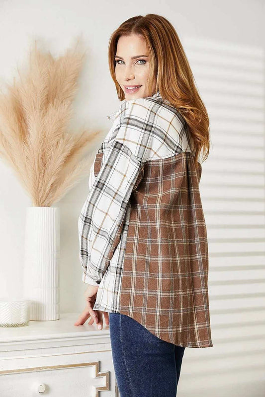 Double Take Plaid Contrast Button Up Shirt Jacket - Trendsi - Flyclothing LLC