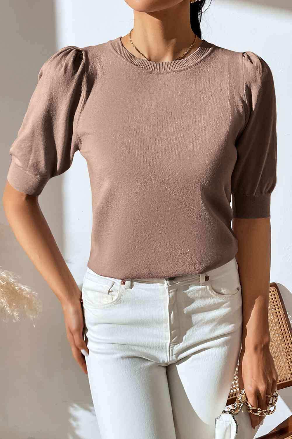 Round Neck Puff Sleeve Knit Top - Trendsi - Flyclothing LLC