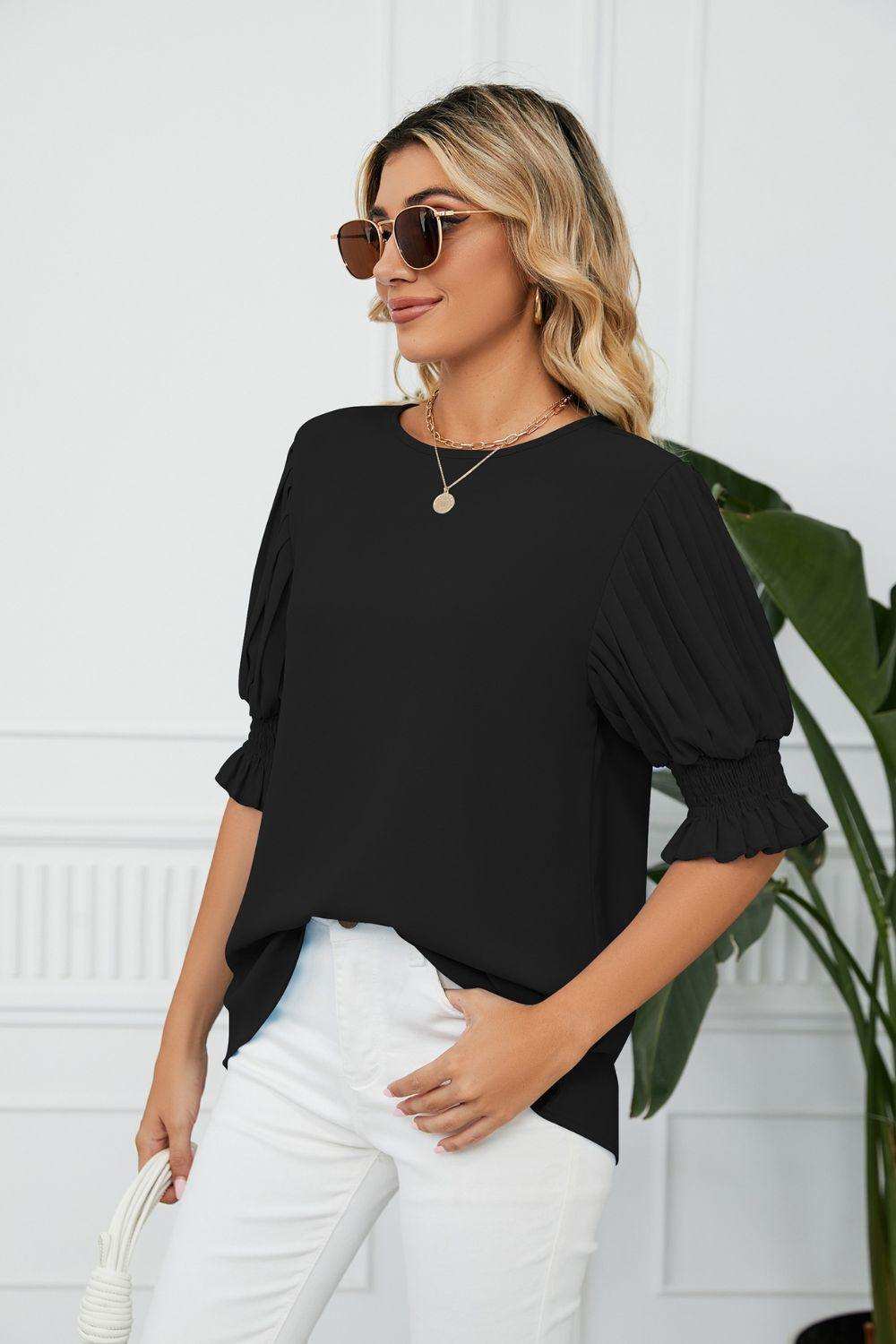 Pleated Flounce Sleeve Keyhole Blouse - Trendsi - Flyclothing LLC