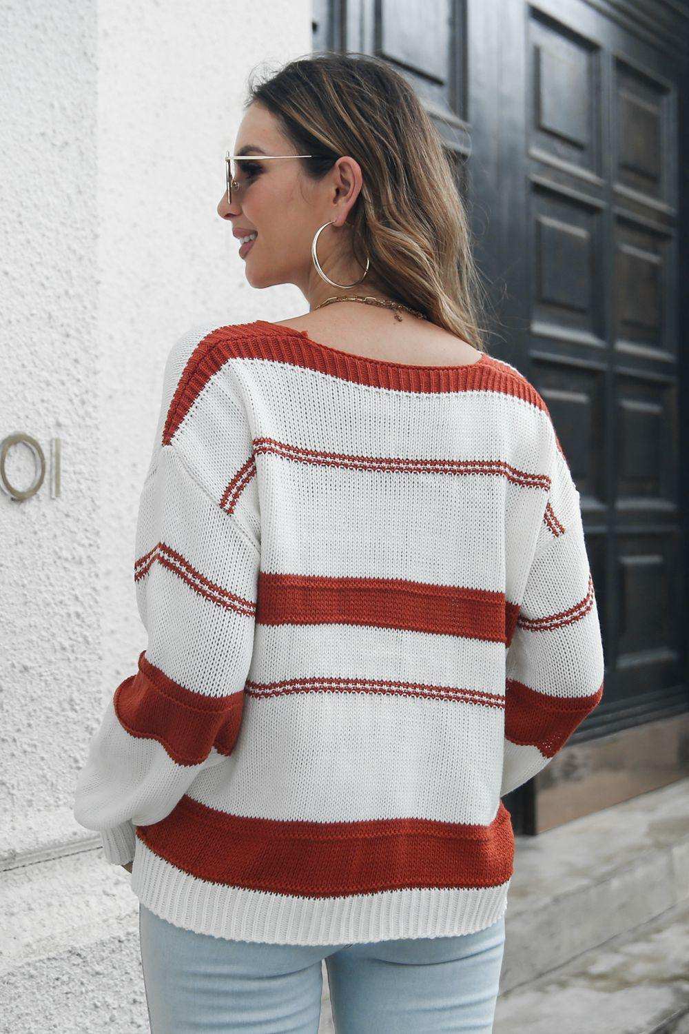 Striped V-Neck Drop Shoulder Sweater - Trendsi - Flyclothing LLC