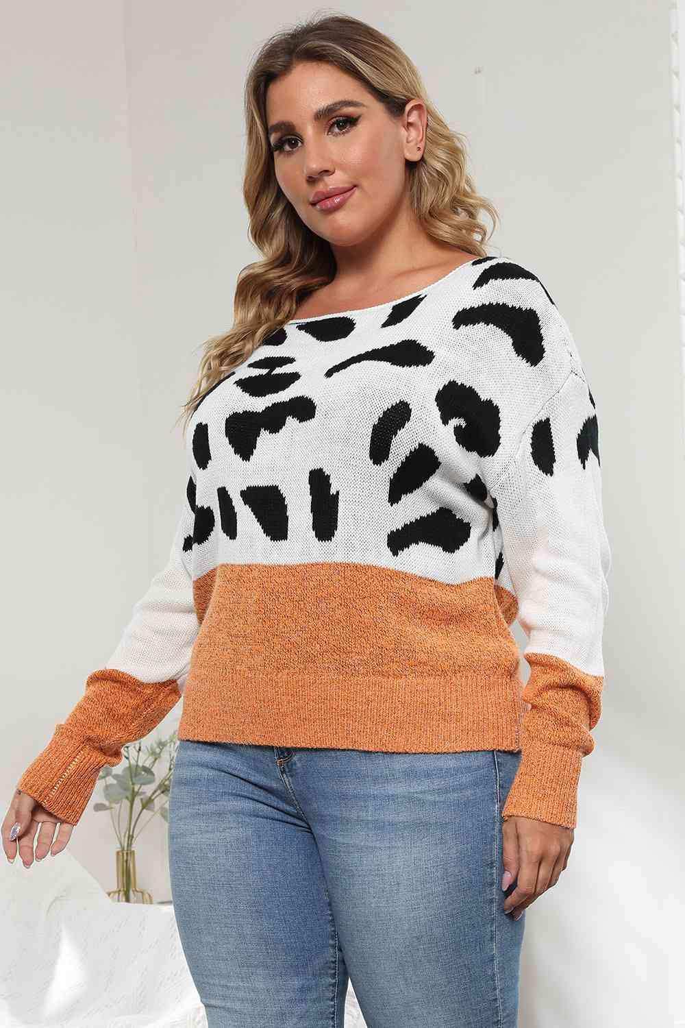 Plus Size Leopard Round Neck Long Sleeve Sweater - Trendsi - Flyclothing LLC