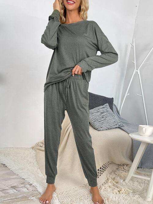 Round Neck Top and Drawstring Pants Lounge Set - Trendsi - Flyclothing LLC