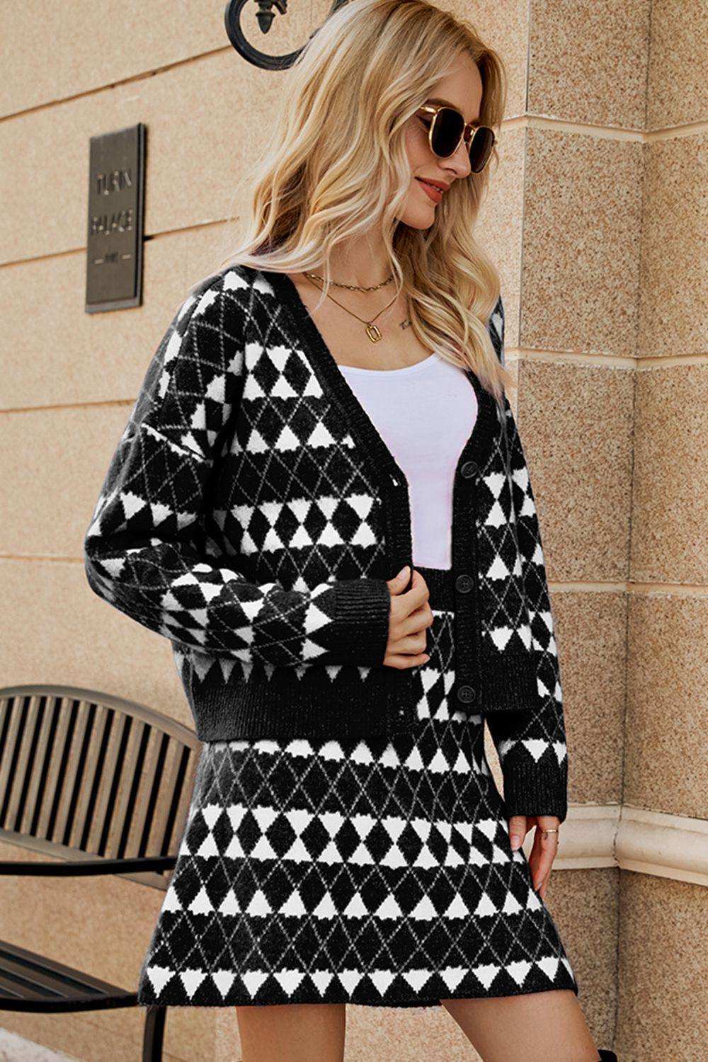 Geometric Dropped Shoulder Cardigan and Knit Skirt Set - Trendsi - Flyclothing LLC