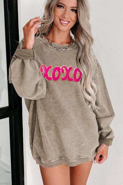 XOXO Sequin Round Neck Dropped Shoulder Sweatshirt - Trendsi - Flyclothing LLC