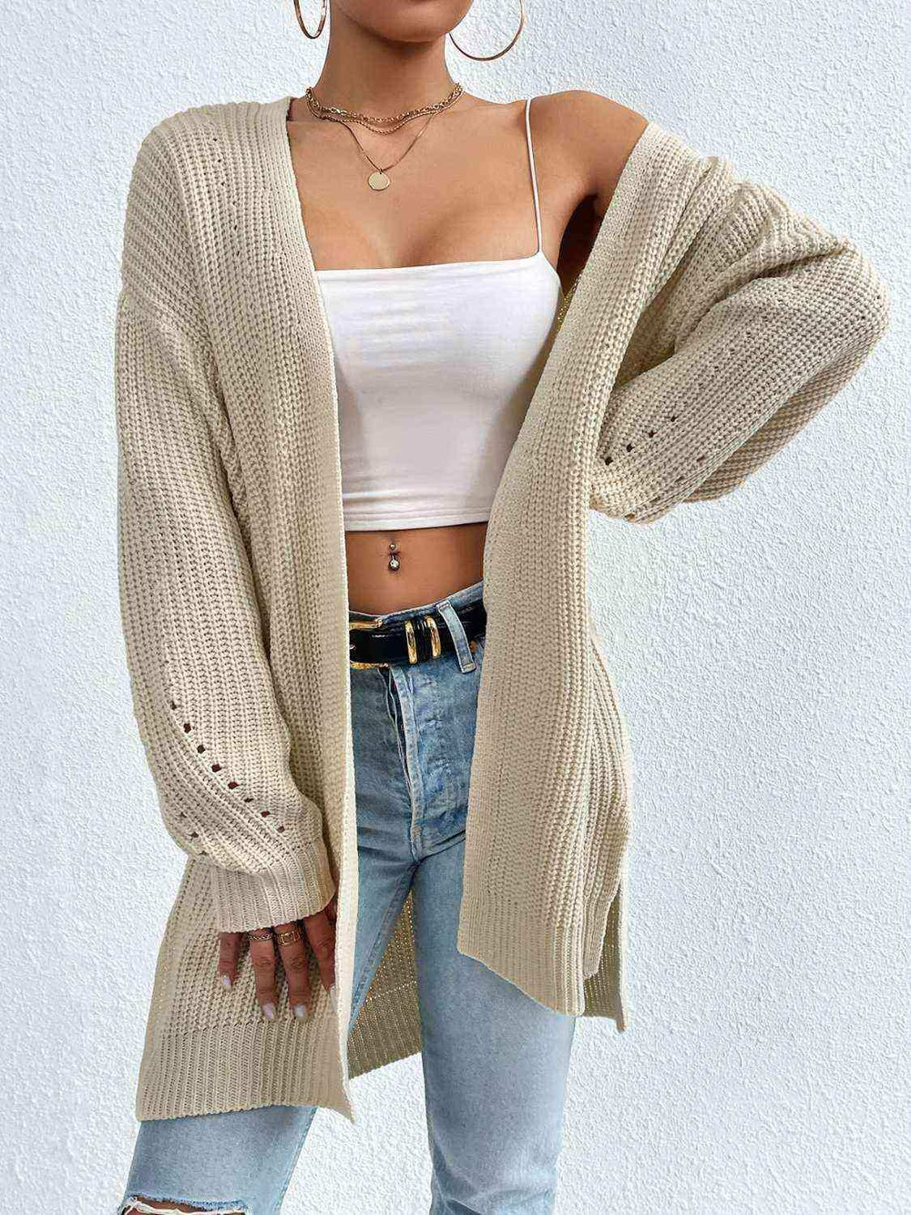 Open Front Dropped Shoulder Slit Cardigan - Trendsi - Flyclothing LLC